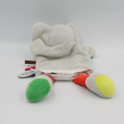 Doudou marionnette éléphant gris bleu vert rouge étiquettes INFLUX
