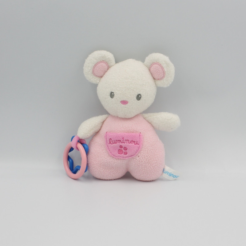 Doudou souris blanche rose hochet LUMINOU