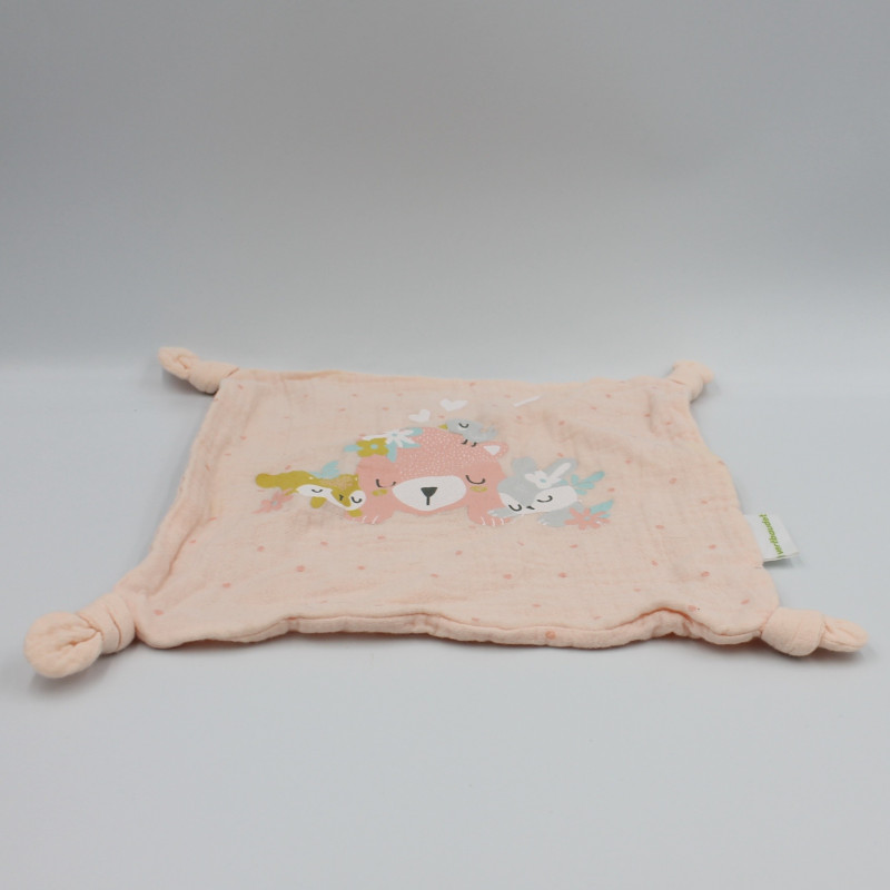 Doudou plat carré rose ours lapin écureuil VERTBAUDET