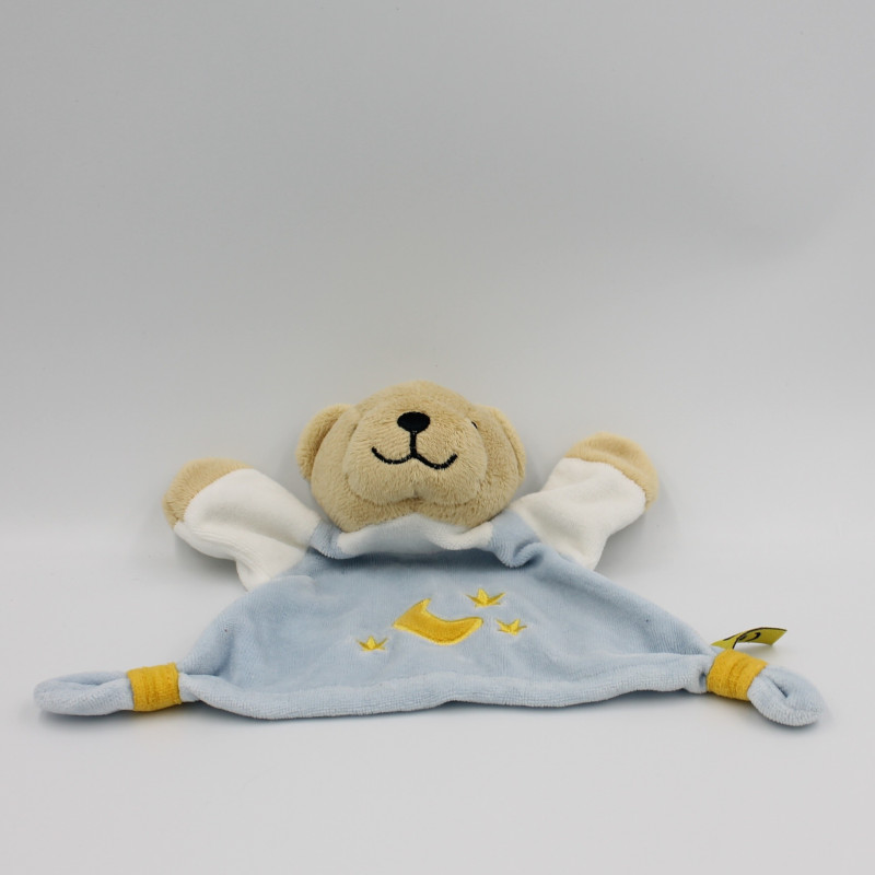 Doudou plat ours beige bleu blanc jaune lune étoiles CAUSE