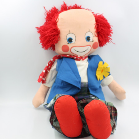 Ancienne peluche poupée clown bleu rouge vert pantalon carreaux