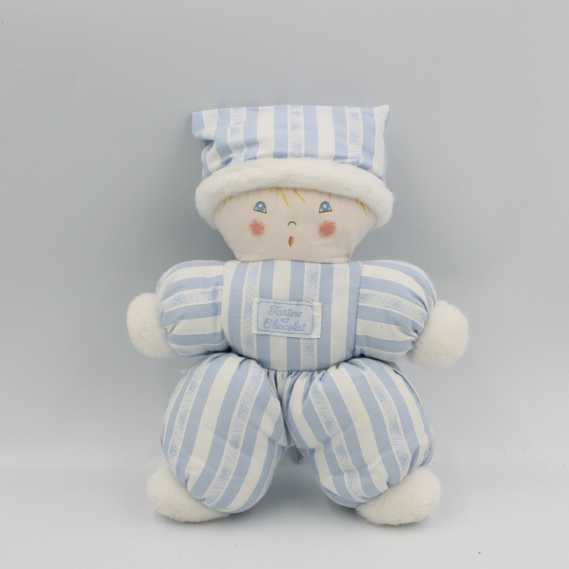 Doudou poupée lutin garçon rayé bleu TARTINE ET CHOCOLAT