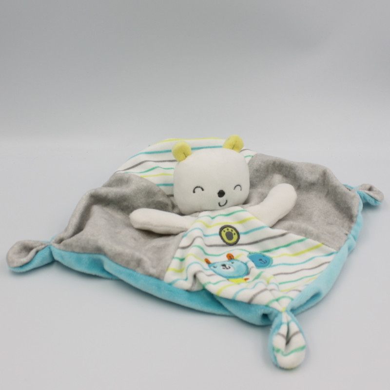 Doudou plat ours blanc bleu gris vert rayé MOTS D'ENFANTS