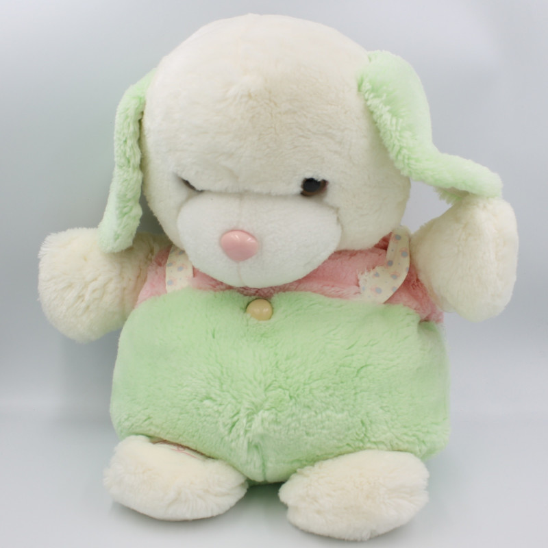 Peluche chien blanc vert rose BOULGOM