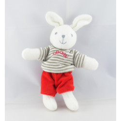 Doudou lapin blanc pull rayé vert kaki OBAIBI