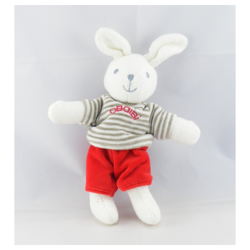 Doudou lapin blanc pull rayé vert kaki OBAIBI