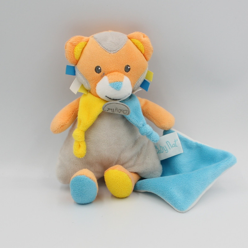 Doudou lion orange jaune gris bleu Les Copains Mouchoir BABY NAT