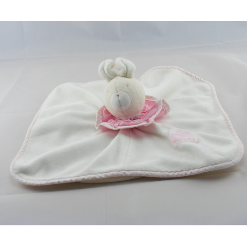 Doudou plat lapin blanc col rose MOULIN ROTY