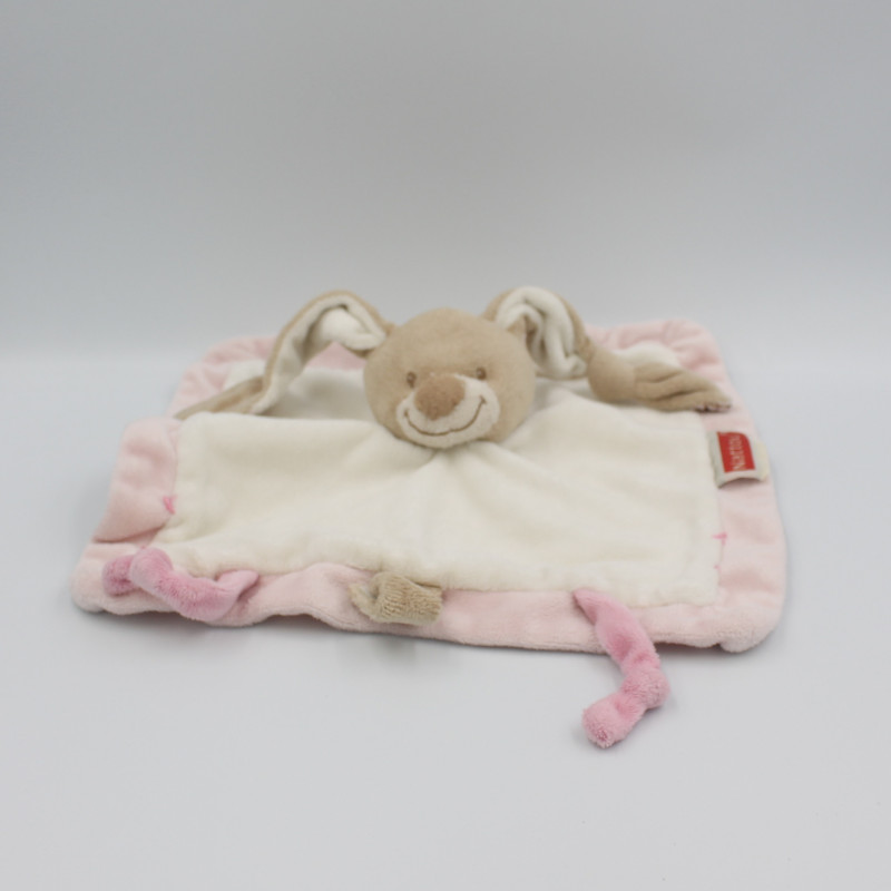 Doudou plat lapin blanc beige rose attache tétine NATTOU