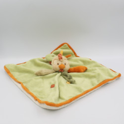 Doudou plat oiseau poule coq vert beige orange BUKOWSKI