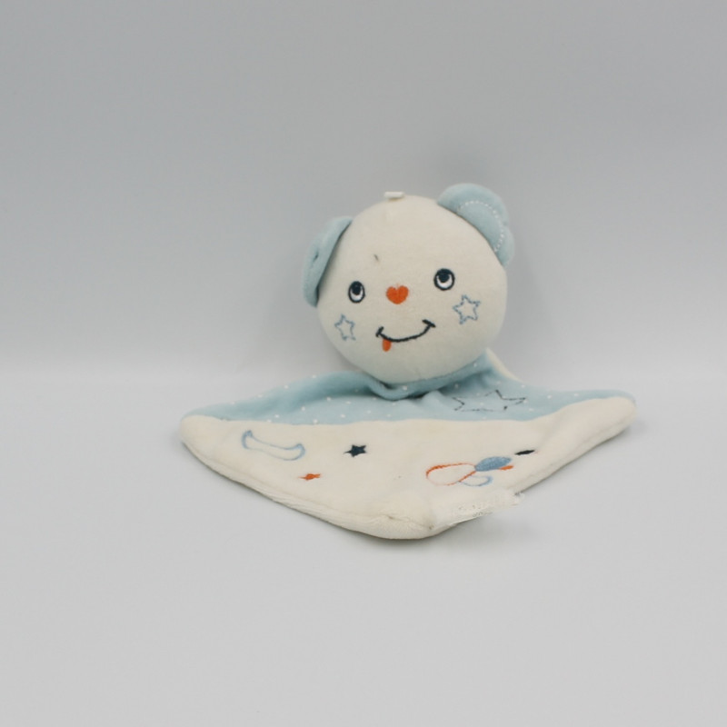 Doudou plat ours chat blanc bleu étoile lune SIPLEC