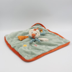 Doudou plat oiseau poule coq bleu vert beige orange BUKOWSKI