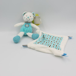 Doudou ours mouchoir blanc bleu pois NICOTOY