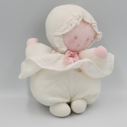 Ancien doudou poupée chiffon blanc rose coeurs COROLLE