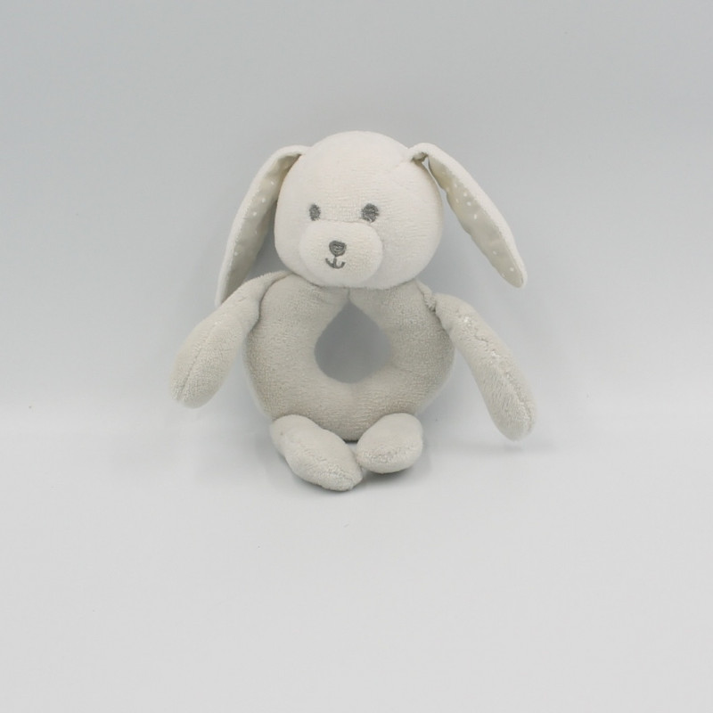 Doudou anneau hochet lapin gris pois étoiles