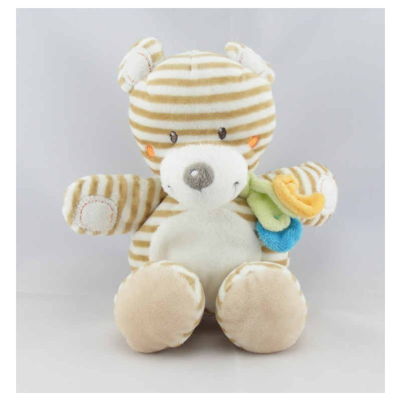 Doudou ours rayé beige écharpe verte lune étoile NICOTOY