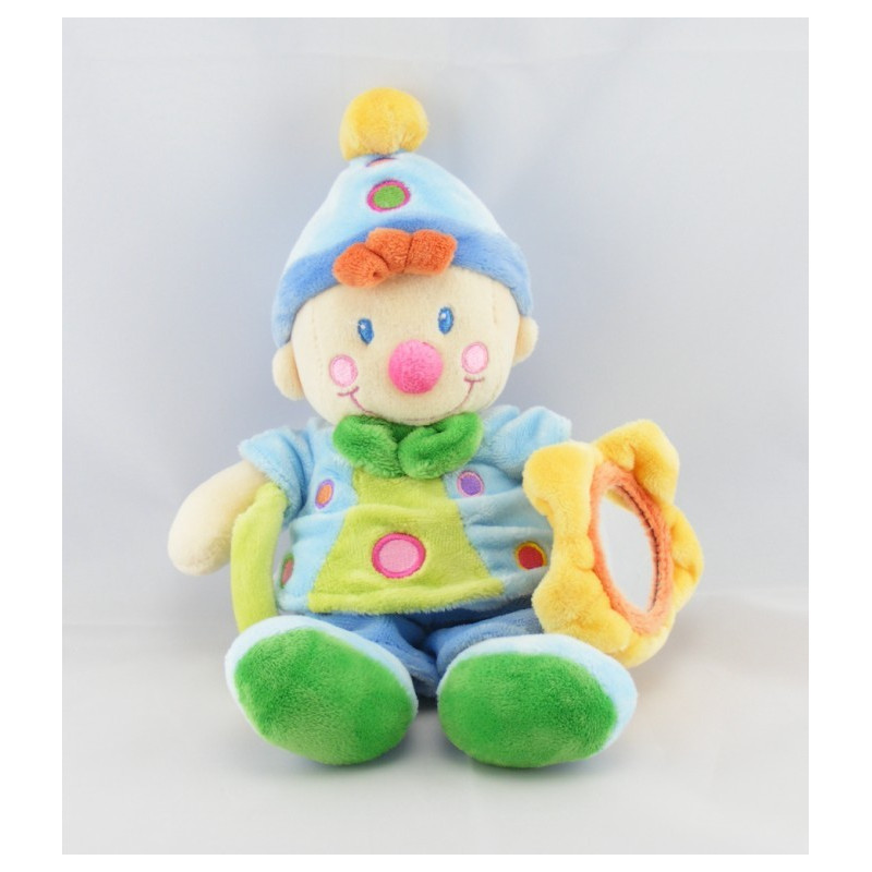 Doudou clown bleu avec hochet et miroir NICOTOY
