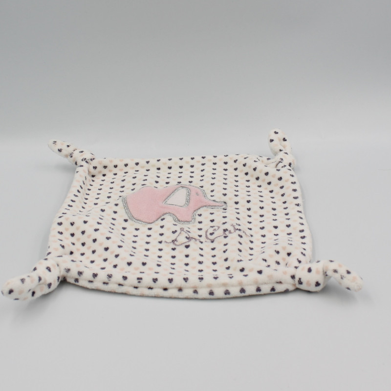 Doudou plat carré blanc coeurs éléphant rose so cute