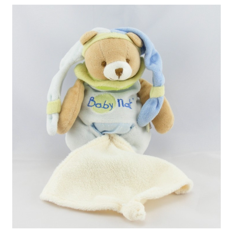 Doudou Plat Ours Arlequin sur carré blanc bleu Baby Nat