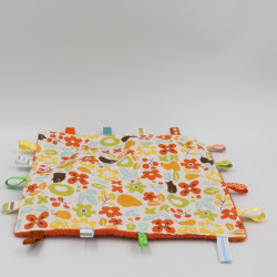 Doudou plat carré orange fleurs hérisson étiquettes