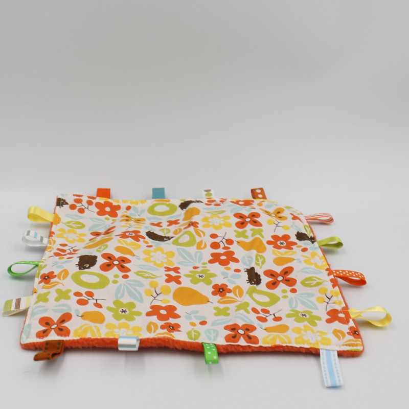 Doudou plat carré orange fleurs hérisson étiquettes