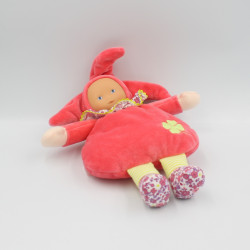 Doudou Poupée lutin rose vert trèfle fleurs Corolle