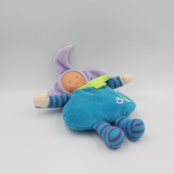 Doudou Poupée lutin bleu vert mauve oiseaux grelot Corolle