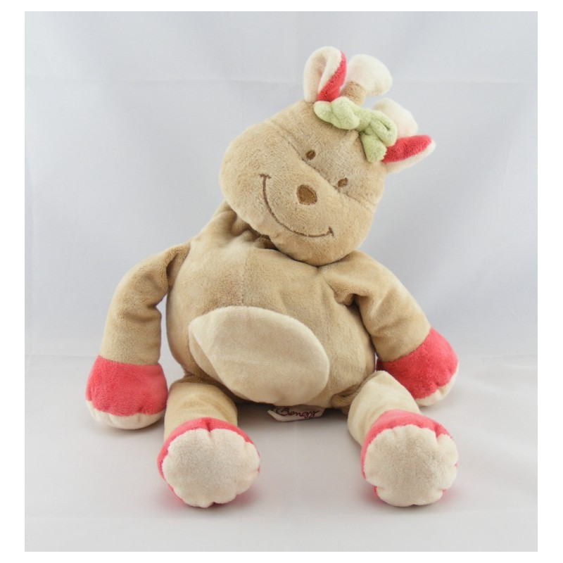 Doudou rhinocéros beige rouge foulard vert BENGY