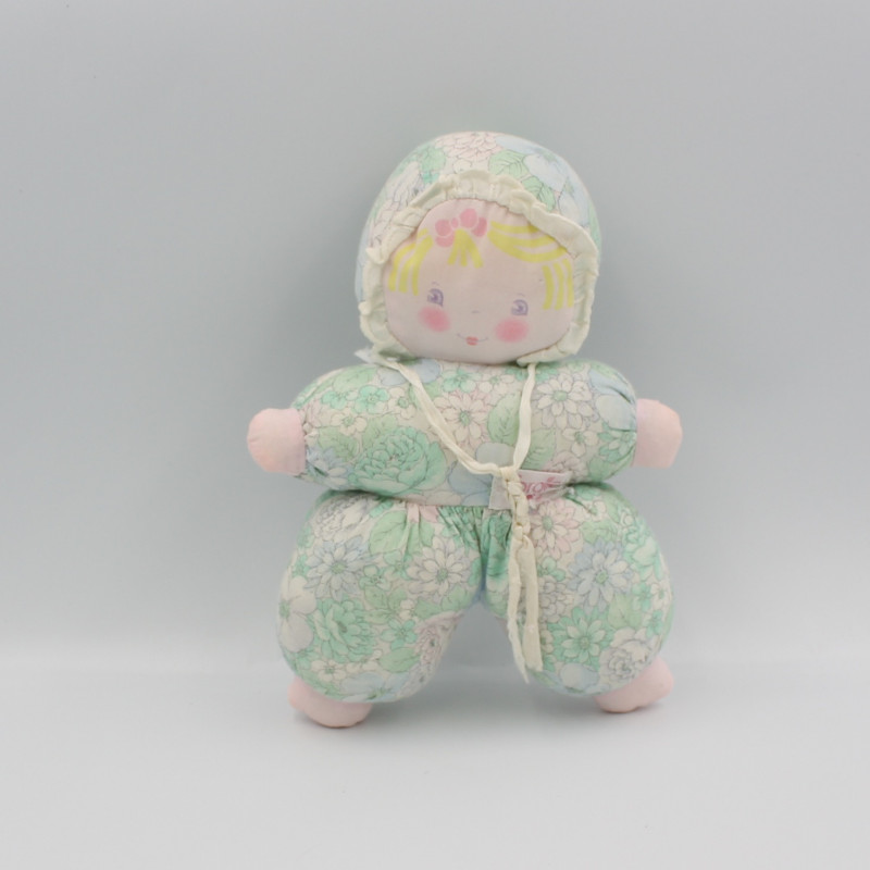 Ancien Doudou poupée chiffon tissu vert fleurs COROLLE