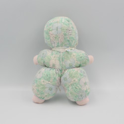 Ancien Doudou poupée chiffon tissu vert fleurs COROLLE
