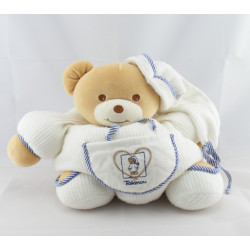 Doudou ours boule blanc rayé bleu poche coeur TAKINOU