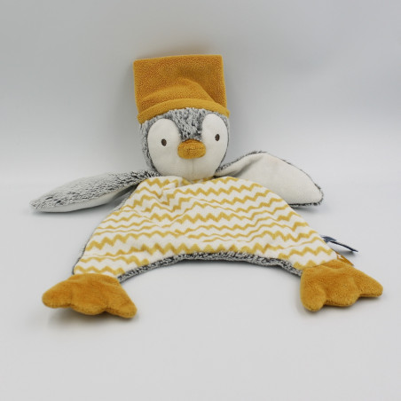 Doudou plat pingouin gris blanc orange jaune TAO TAPE A L'OEIL