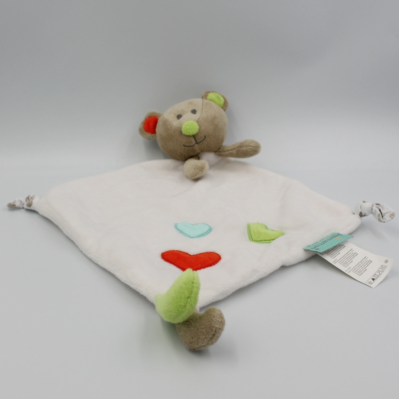 Doudou plat ours beige blanc vert rouge coeurs just a dream PREMAMAN