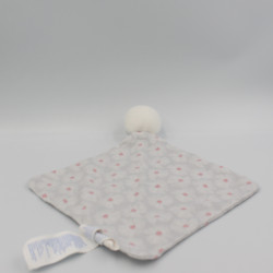 Doudou plat chat blanc gris rose fleurs OBAIBI
