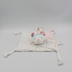 Doudou plat ours blanc rose bleu plumes indien SIPLEC