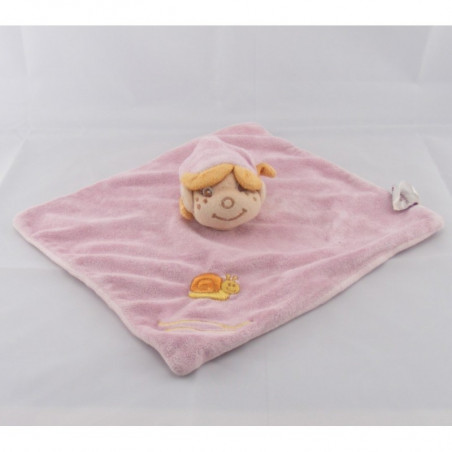 Doudou Plat carré rose escargot brodé poupée Fillette Lutin Bengy