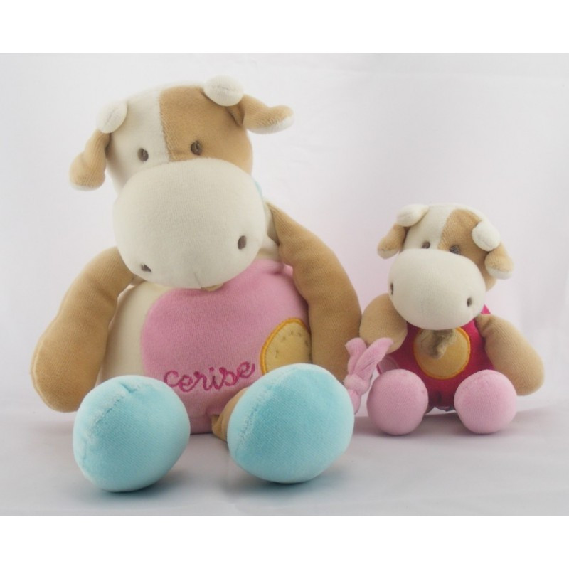 Doudou et Compagnie vache Cerise rose bleu beige et son bébé LOT DE 2