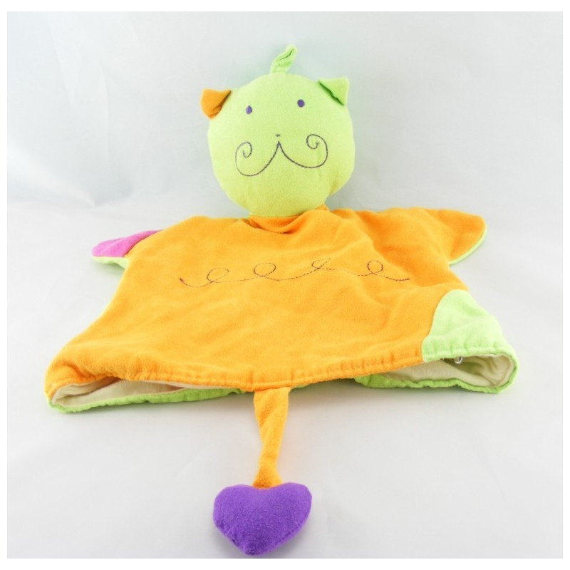 Doudou Plat Marionnette Chat orange et vert de Bledina  LOT DE 2