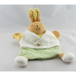 Doudou plat lapin blanc vert oiseau brodé TAKINOU NEUF