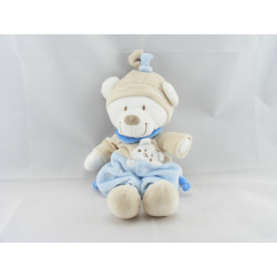 Doudou ours blanc tenue bleu beige bonnet beige NICOTOY