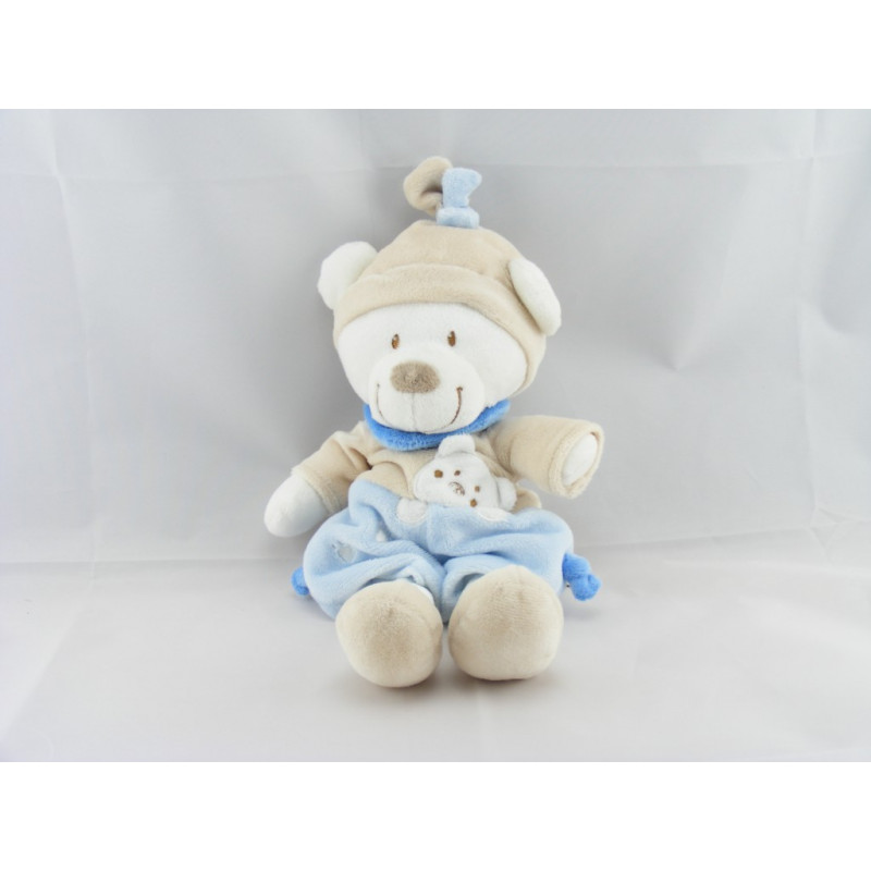 Ours Classi Doudou ours blanc bleu beige bonnet beige empreintes NICOTOY 28 cm 
