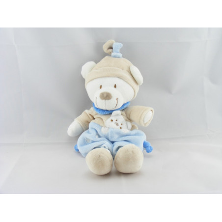 Doudou ours blanc tenue bleu beige bonnet beige NICOTOY