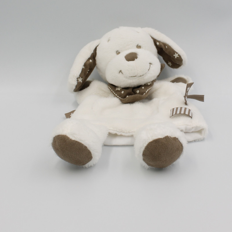 Doudou plat marionnette chien blanc beige étoiles INFLUX