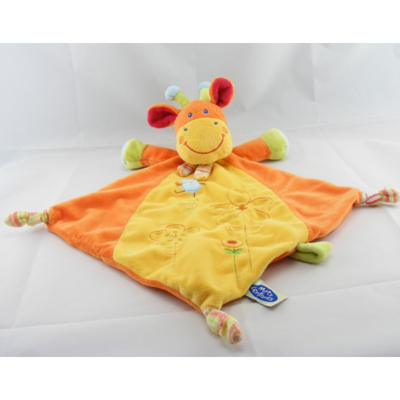 Doudou plat vache orange jaune oiseau MOTS D'ENFANTS