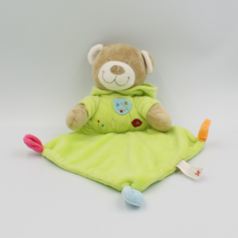 Doudou plat ours sweat capuche vert oiseau NICOTOY