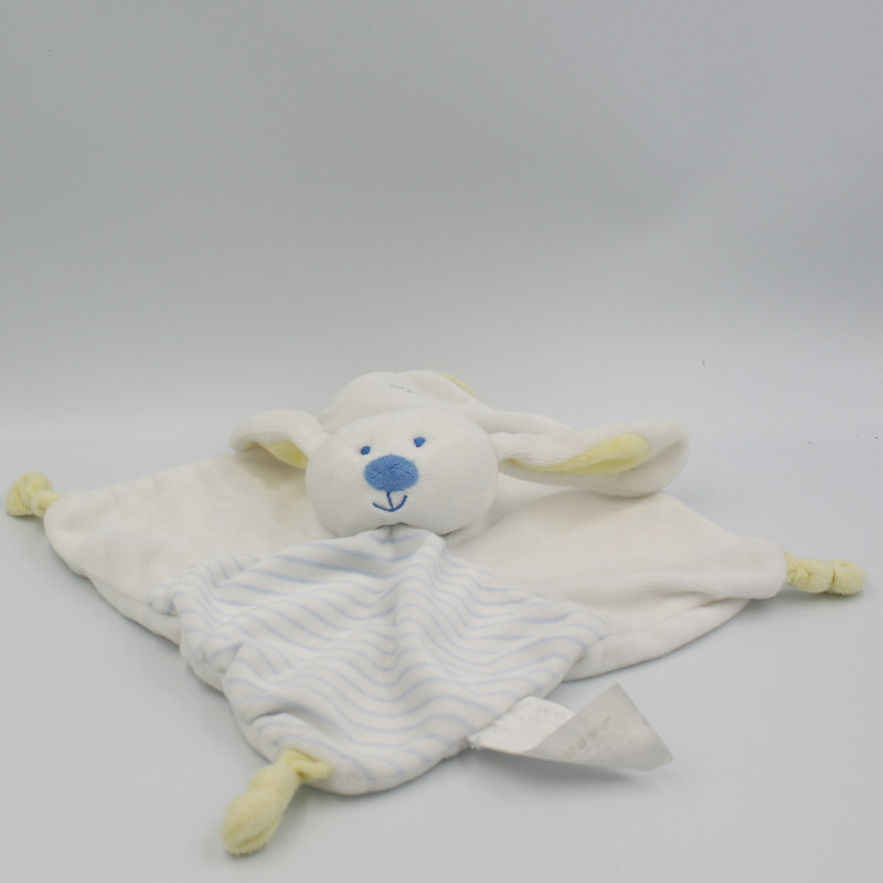 Doudou plat lapin blanc jaune bleu rayé BRIOCHE LA HALLE KIMBALOO