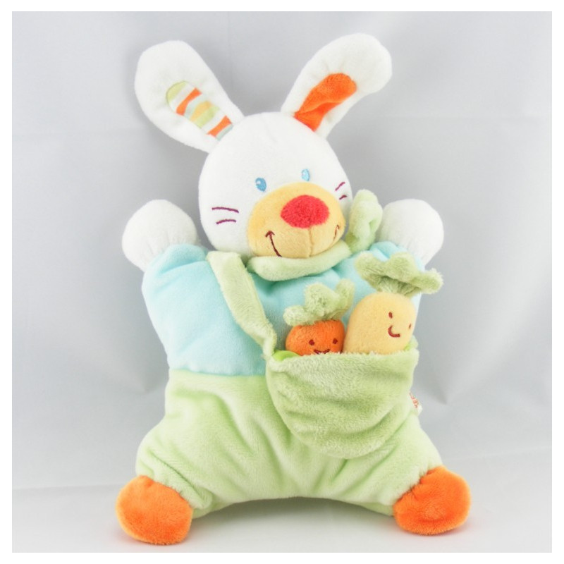 Doudou coussin lapin jaune orange carottes NICOTOY