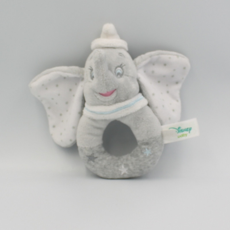 Doudou hochet éléphant gris blanc bleu étoiles Dumbo DISNEY BABY