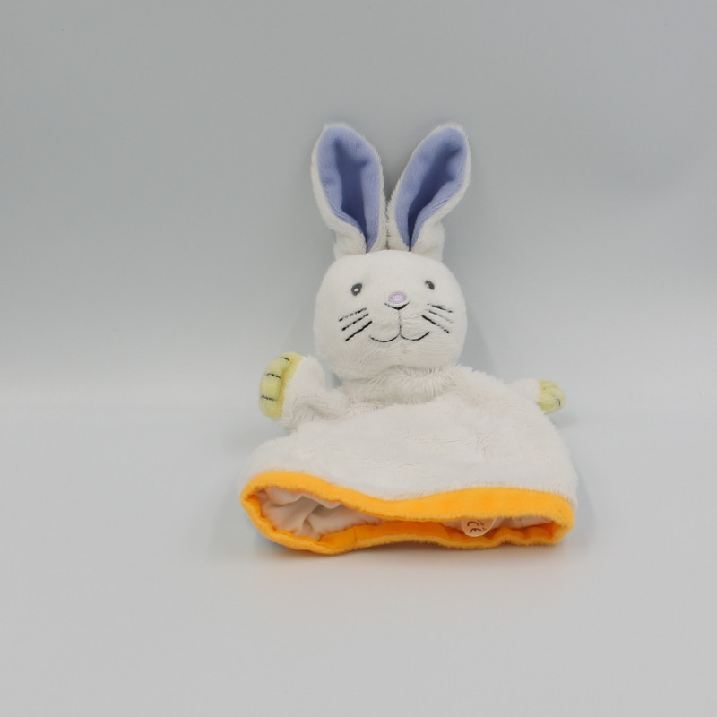 Doudou plat marionnette lapin blanc jaune orange bleu BULGARI PARFUMS