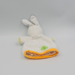 Doudou plat marionnette lapin blanc jaune orange bleu BULGARI PARFUMS